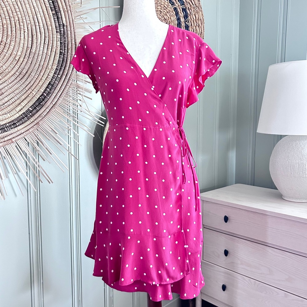 Rails Leanne Red Silk Polka Dot Ruffle Wrap Dress Women's S Short Sleeve V-Neck